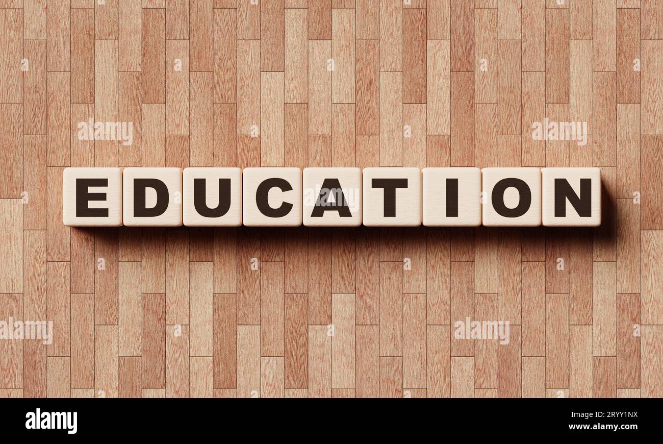 EDUCATION words from wooden blocks with letters. Learning courses and
