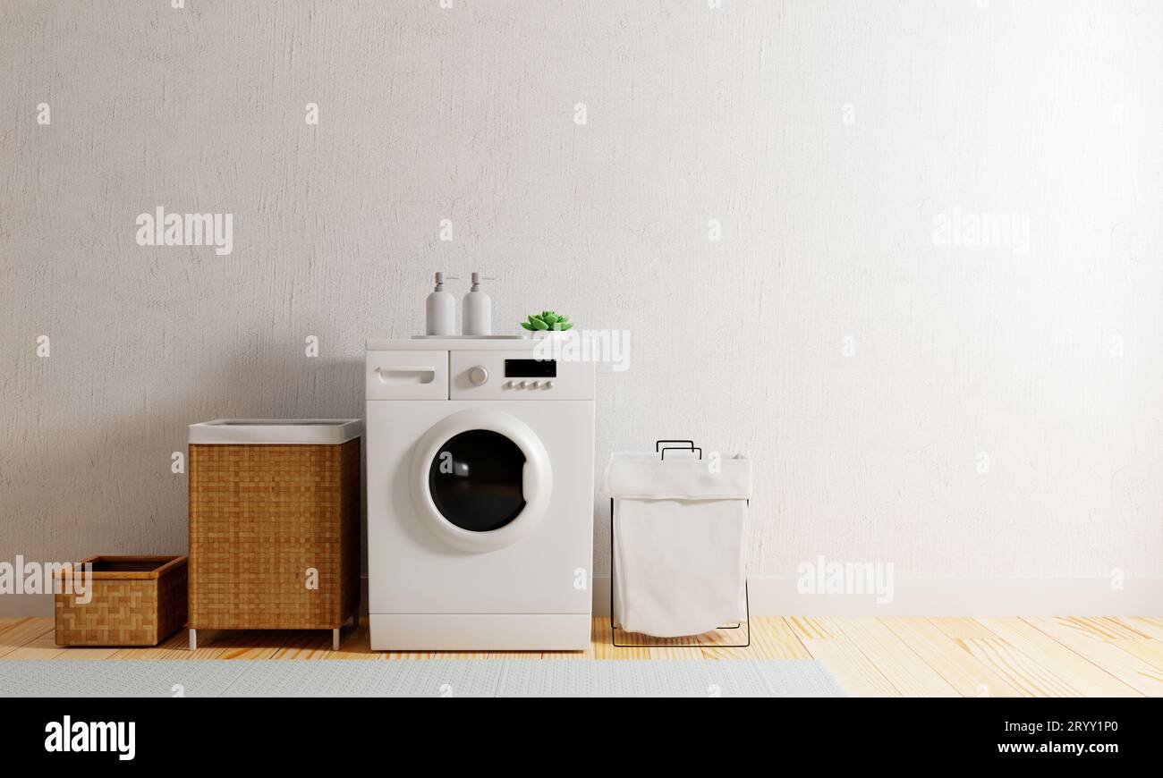 Washing machine in the kitchen with copy space. Laundry and interior