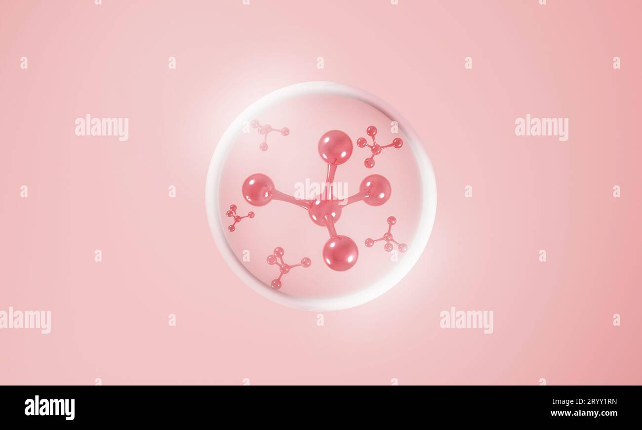 Molecule atoms inside bubbles on pink skin background. Cosmetics