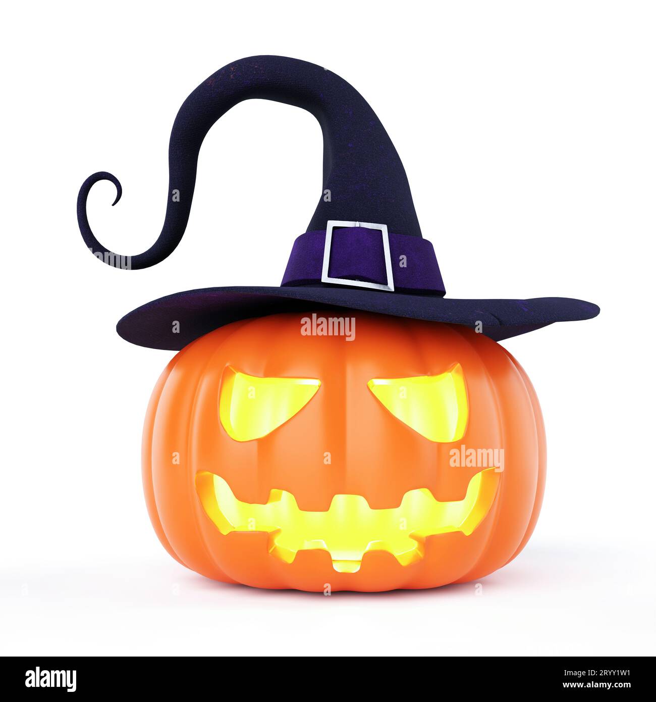 Halloween Jack O Lantern pumpkin with candlelight inside and witch hat on isolated white background. Object and holiday festival Stock Photo