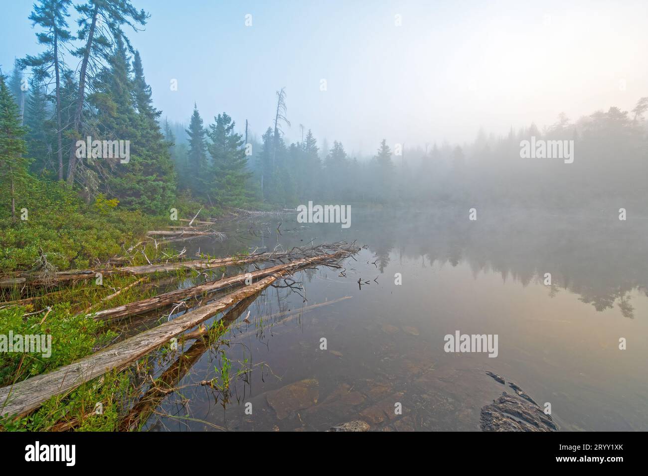 Backwater Bay Showing Up in the Clearing Fog on Jenny Lake in the Boundary Waters Canoe Area in Minnesota Stock Photo