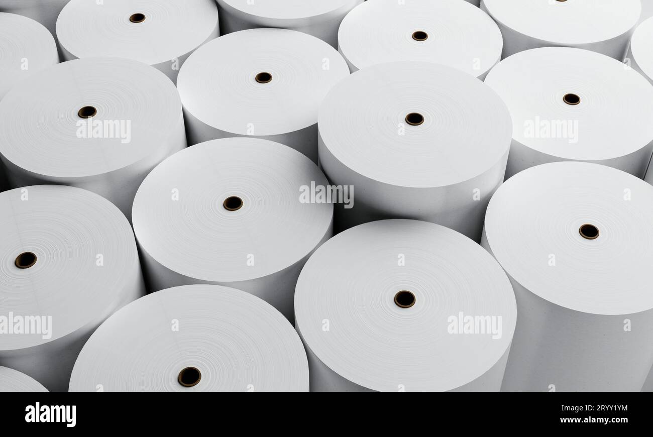 White paper rolls production industrial factory background. Business and Manufacturing concept. 3D illustration rendering Stock Photo