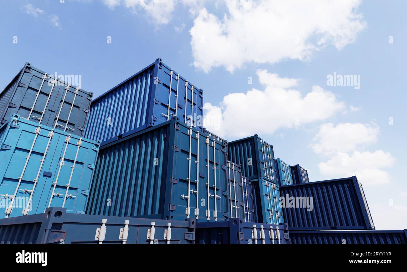 Stack of blue container boxes with sky background. Cargo freight shipping for import and export logistics. Business and transpor Stock Photo