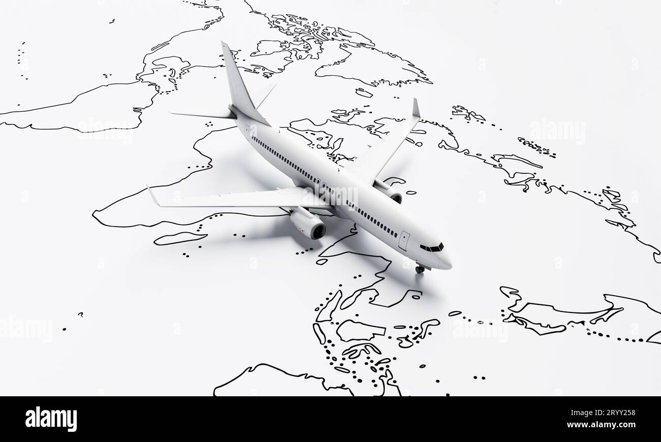 White Flight Example Maps Plane flies above white paper map of the world travel background ...