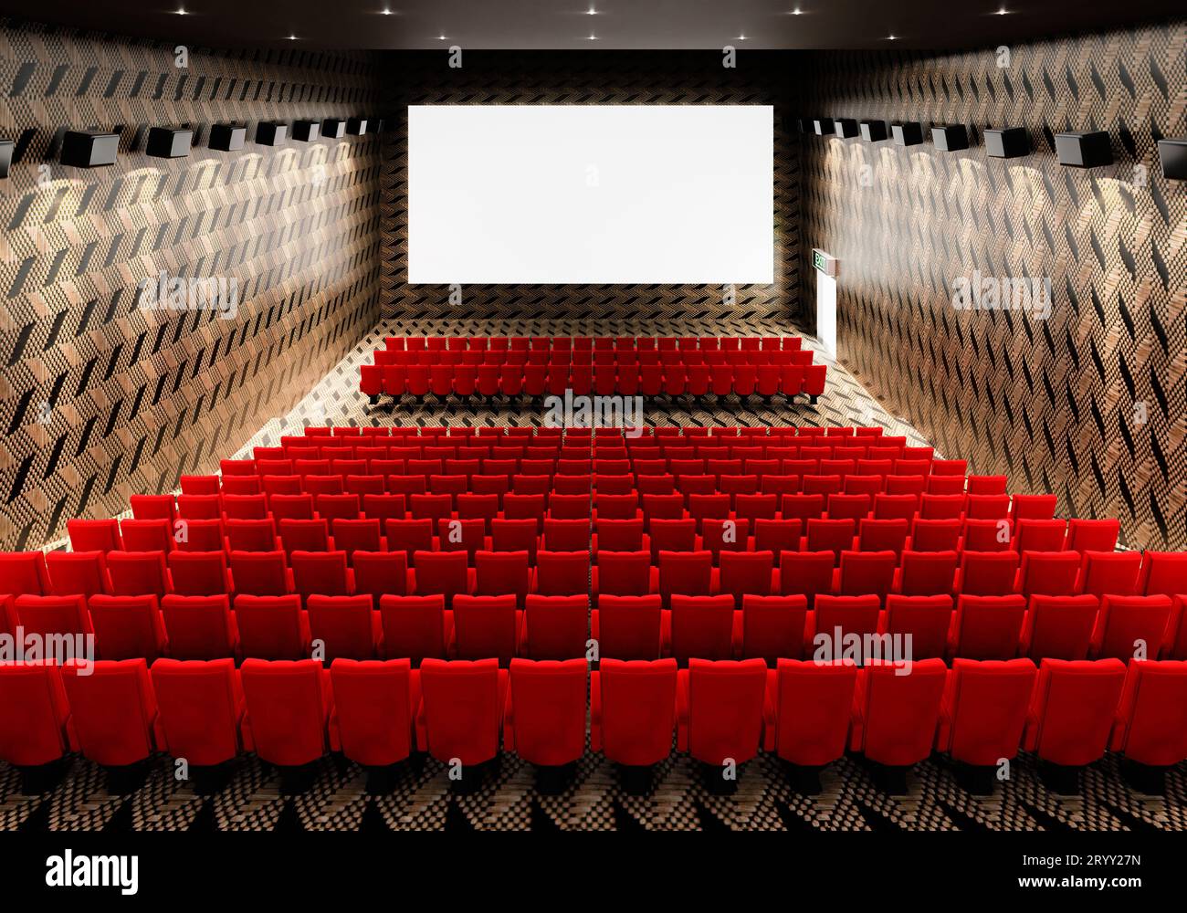Blank white luminous cinema movie theatre screen with realistic red rows of seats and chairs with empty copy space background. M Stock Photo