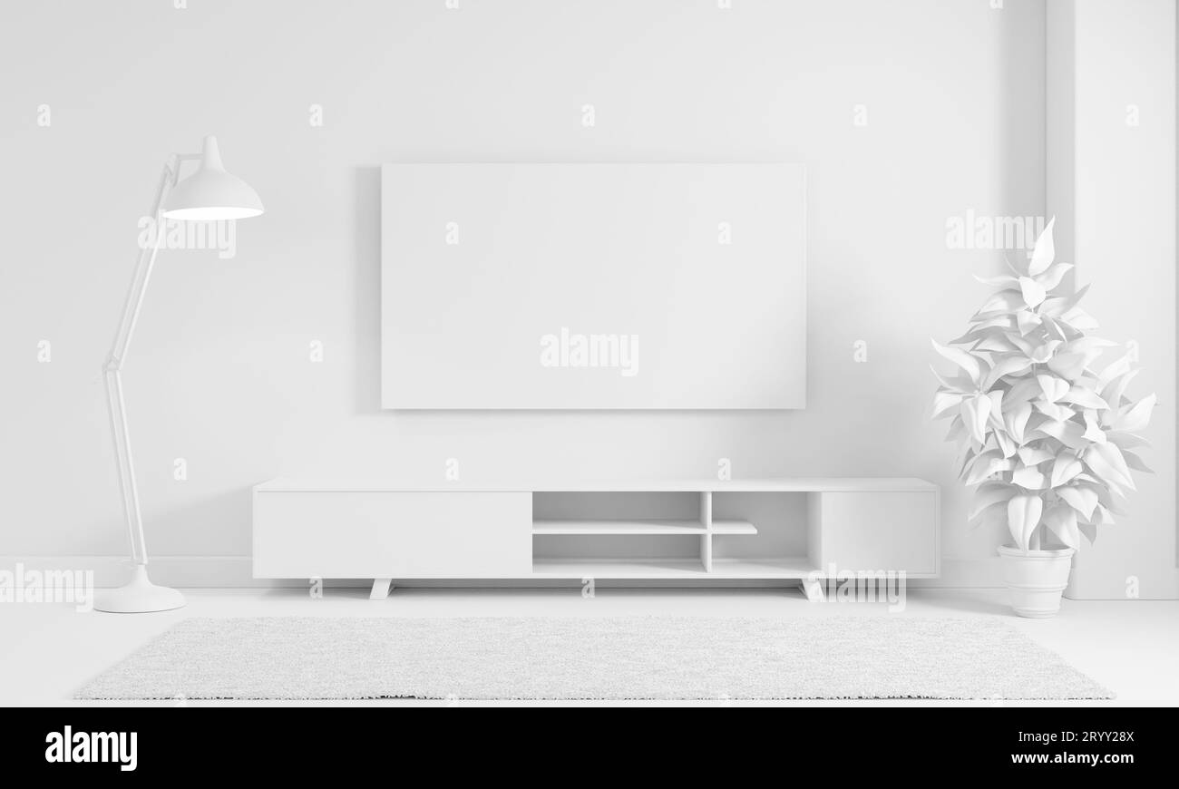 Modern living room in plain monochrome white color tone style background. Interior and architecture concept. 3D illustration ren Stock Photo