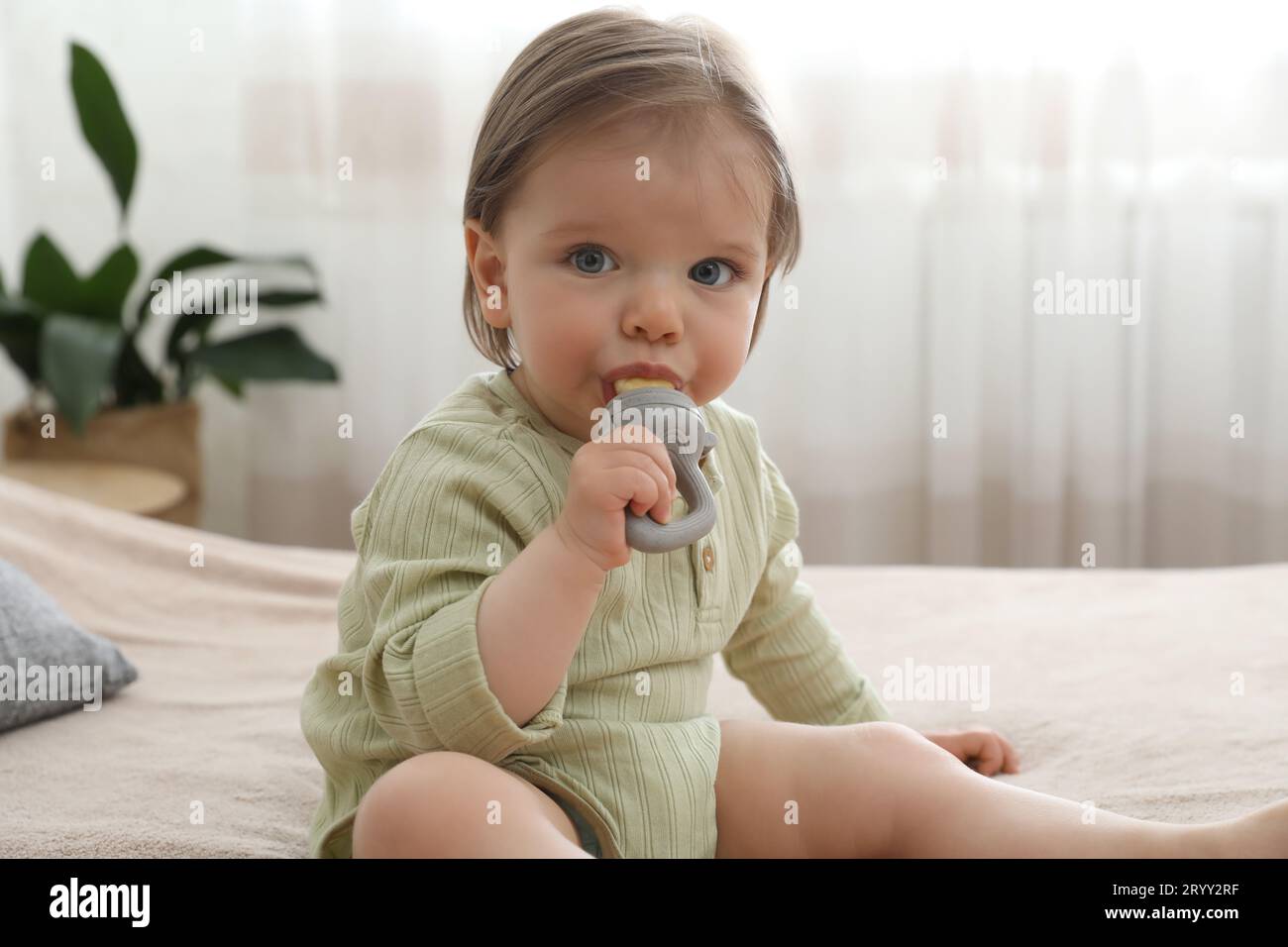 Cute baby girl with nibbler on bed at home Stock Photo Alamy