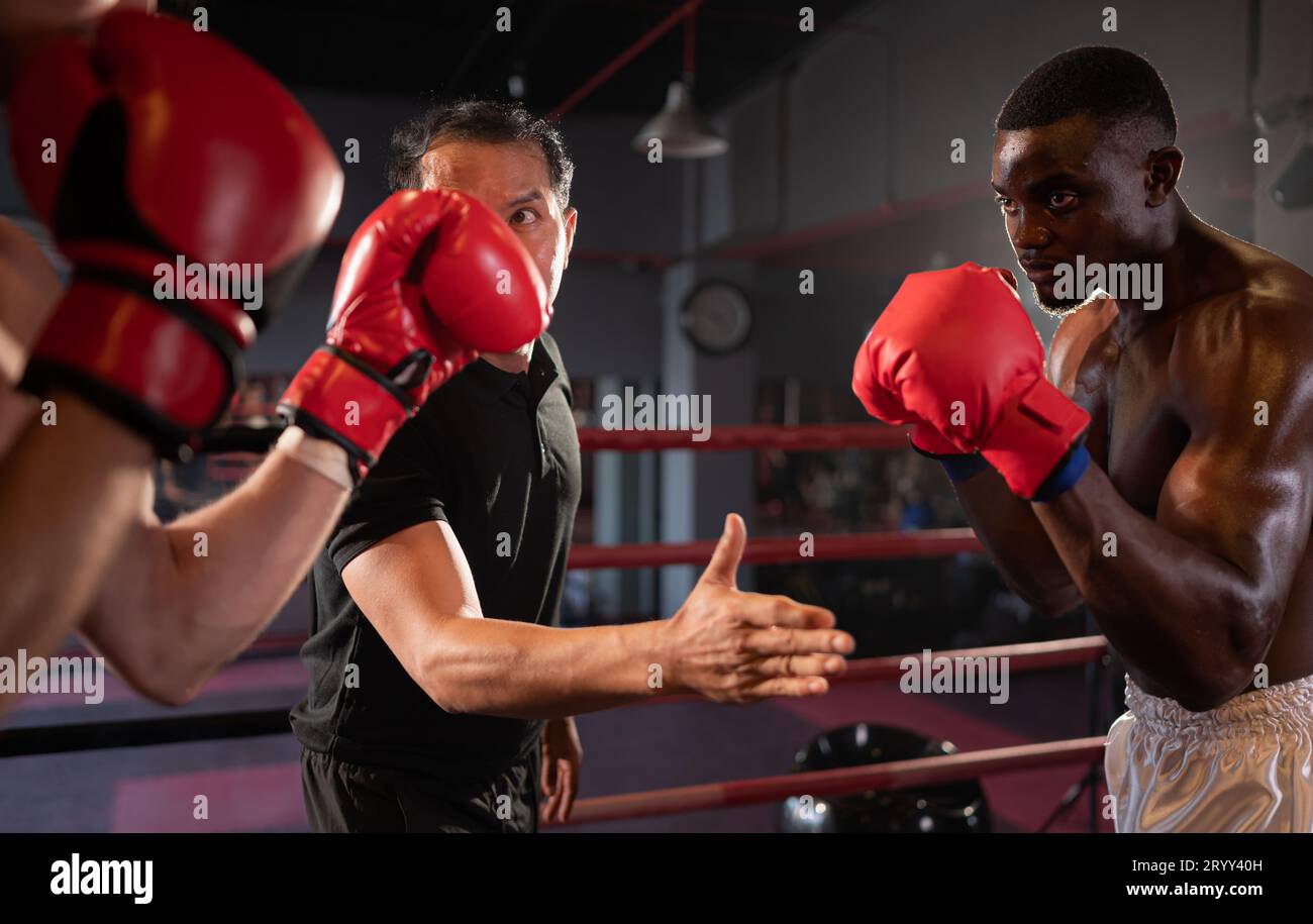 The boxing referee signaled the fight by chopping hands between the two