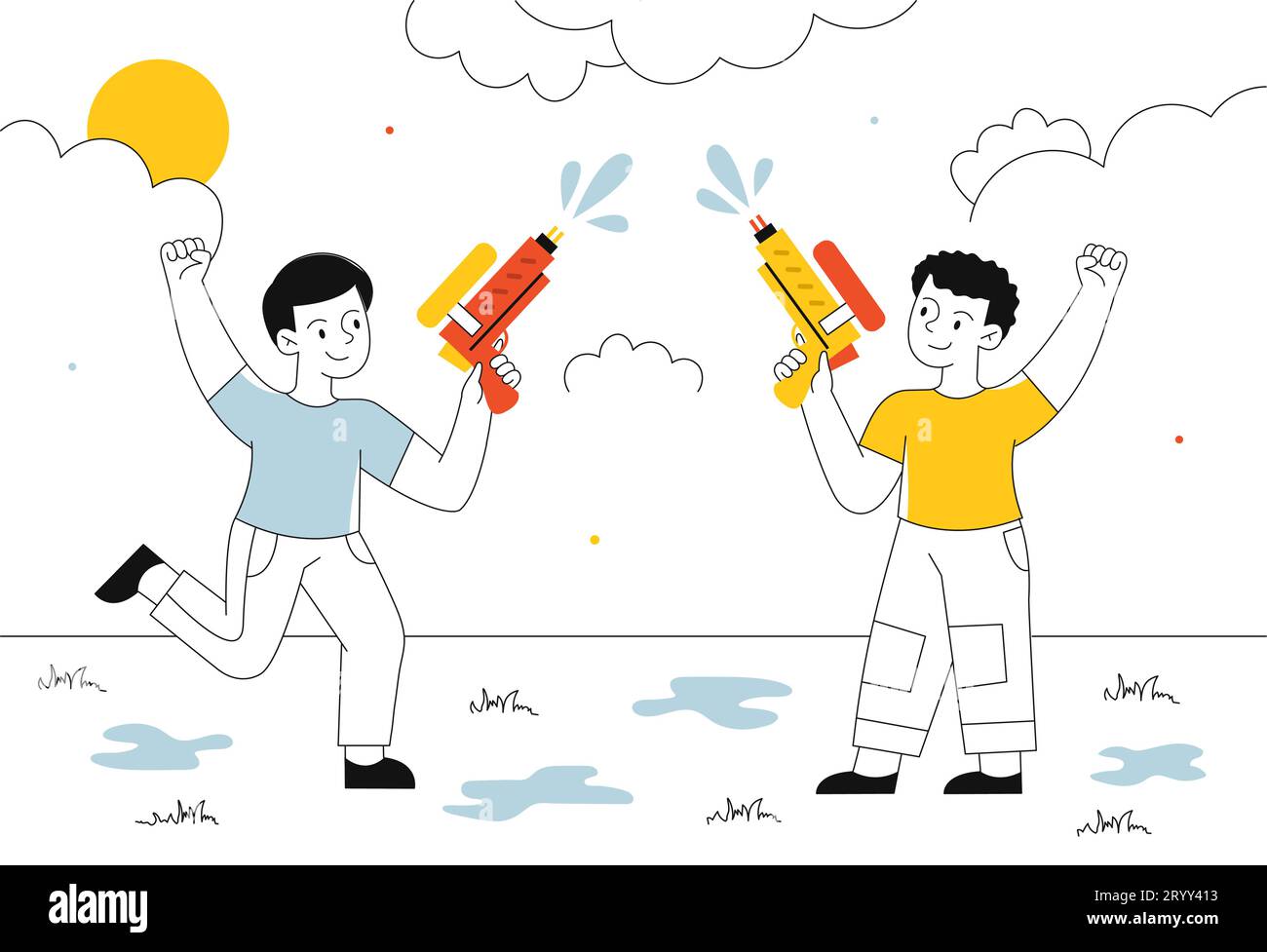 Children playing with water guns vector line Stock Vector