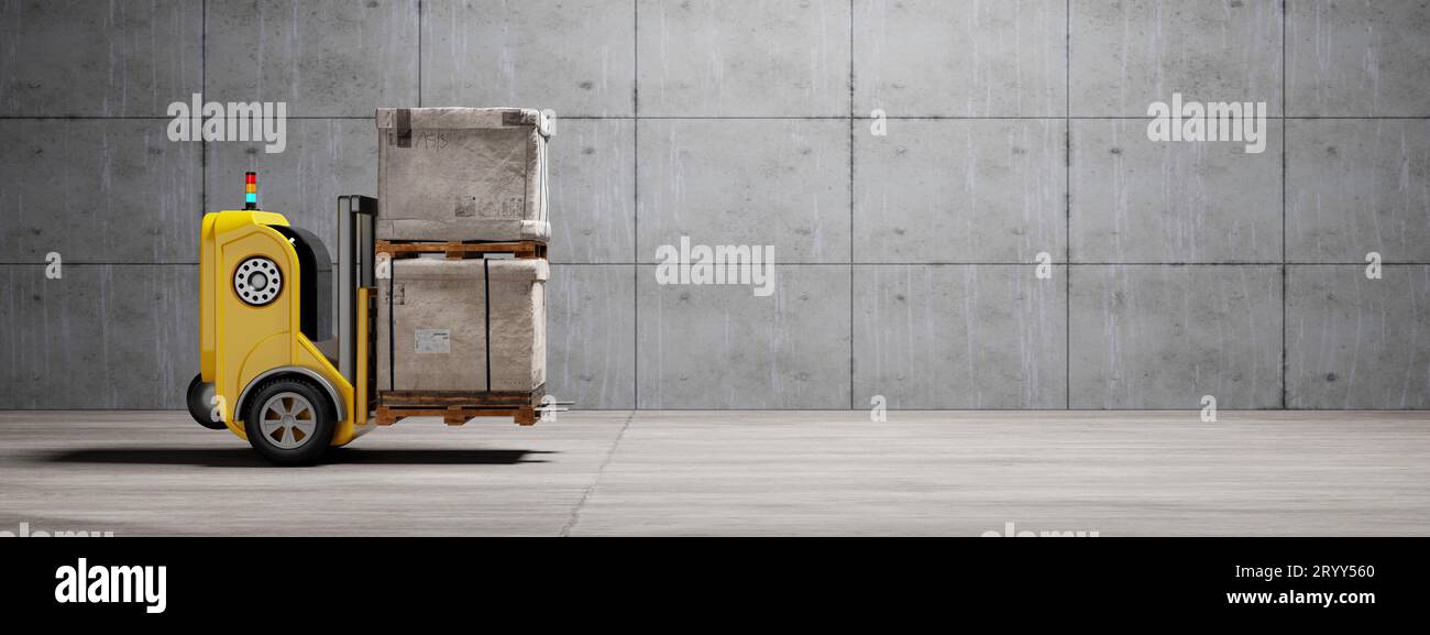 Driverless car forklift robot lifting and moving pallets cardboard box to storage room. Business industrial and production conce Stock Photo