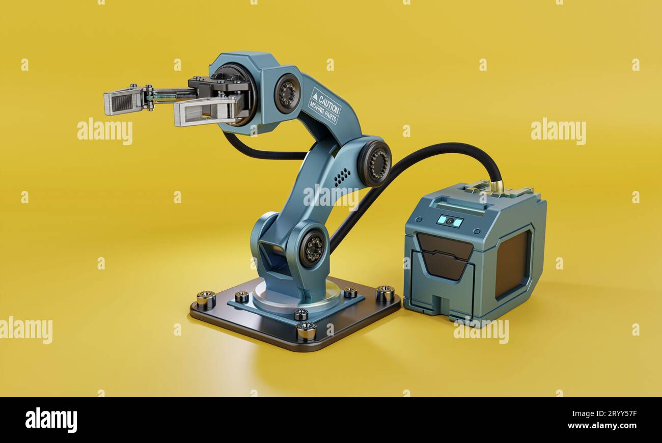 Robot arm with hand grip and power supply for manufacturing industrial plant on yellow background. Technology and Futuristic con Stock Photo