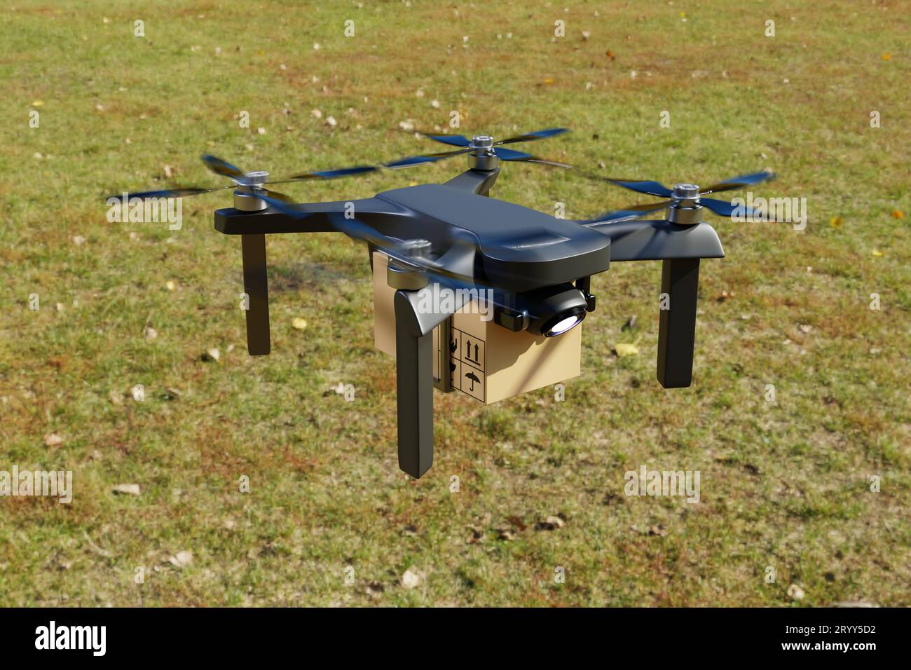 Delivery flying air drone in farm house. Business technology transportation and agriculture concept. Online shopping and service Stock Photo