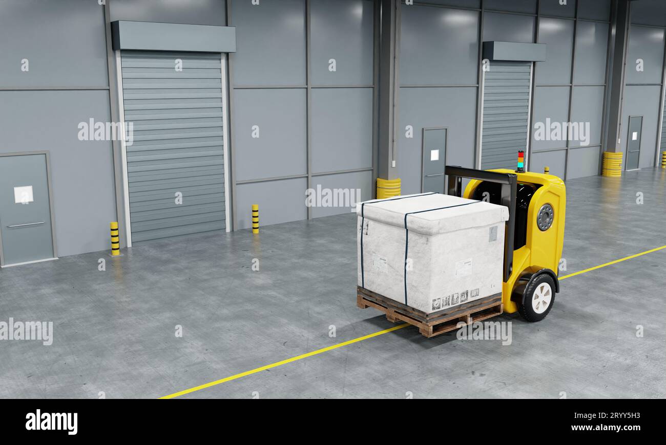 Driverless robotics car forklift robot lifting and moving pallets cardboard box to storage room in the factory background. Busin Stock Photo