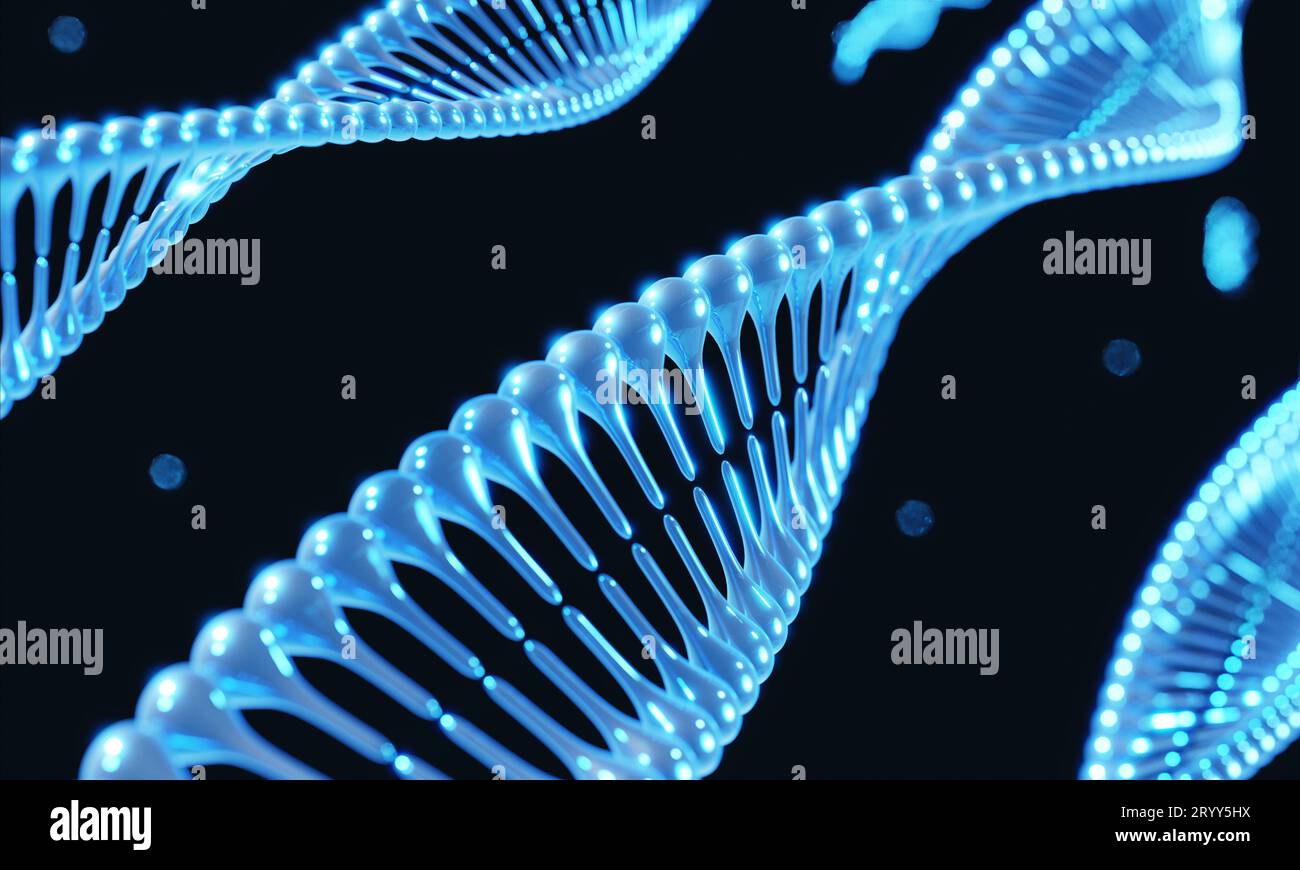 Blue helix DNA Chromosome genetic modification on black background. Science and medical concept. 3D illustration rendering Stock Photo