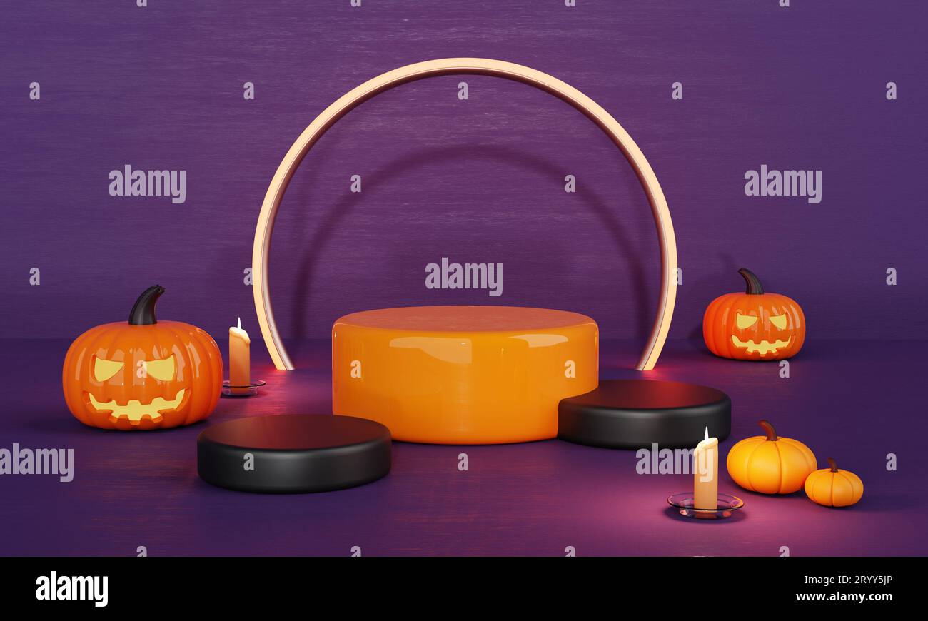Halloween day orange and purple pumpkin product podium stage and spooky ...