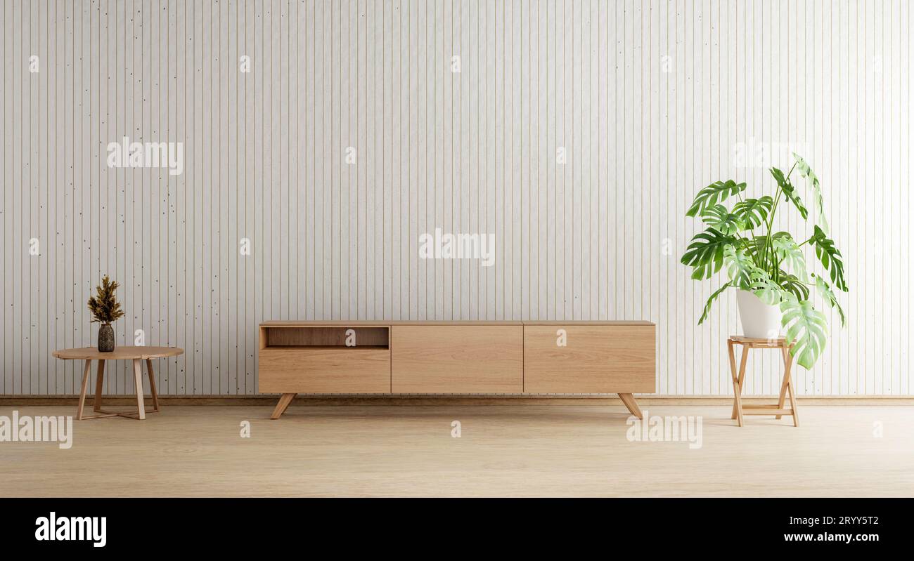 TV cabinet with empty wall wood plank plant pot and table background. Interior and architecture concept. 3D illustration renderi Stock Photo