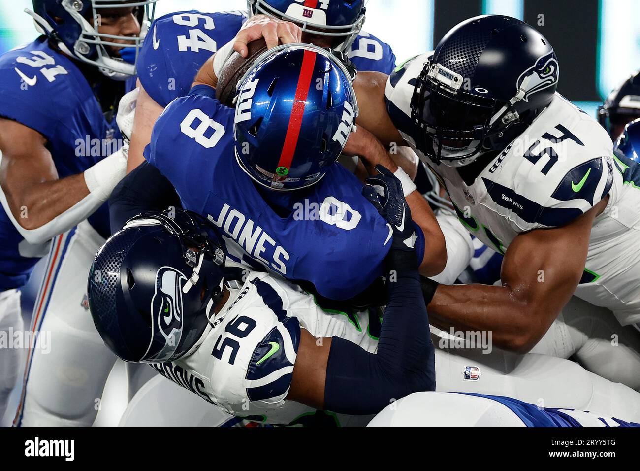 New York Giants quarterback Daniel Jones (8) is sacked by Seattle