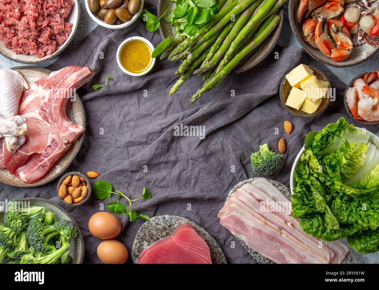 Vegetarian and animal protein, carb and fat sources. Low carbs and ketogenic diet. Healthy food