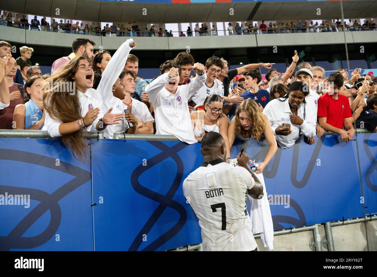 Levani Botia (FIJ) celebrate at the end of the 2023 Rugby World Cup Pool C match between Fiji and Georgia at the Stade de Bordeaux in Bordeaux, France on September 30, 2023. Credit: Yuka Shiga/AFLO/Alamy Live News Stock Photo