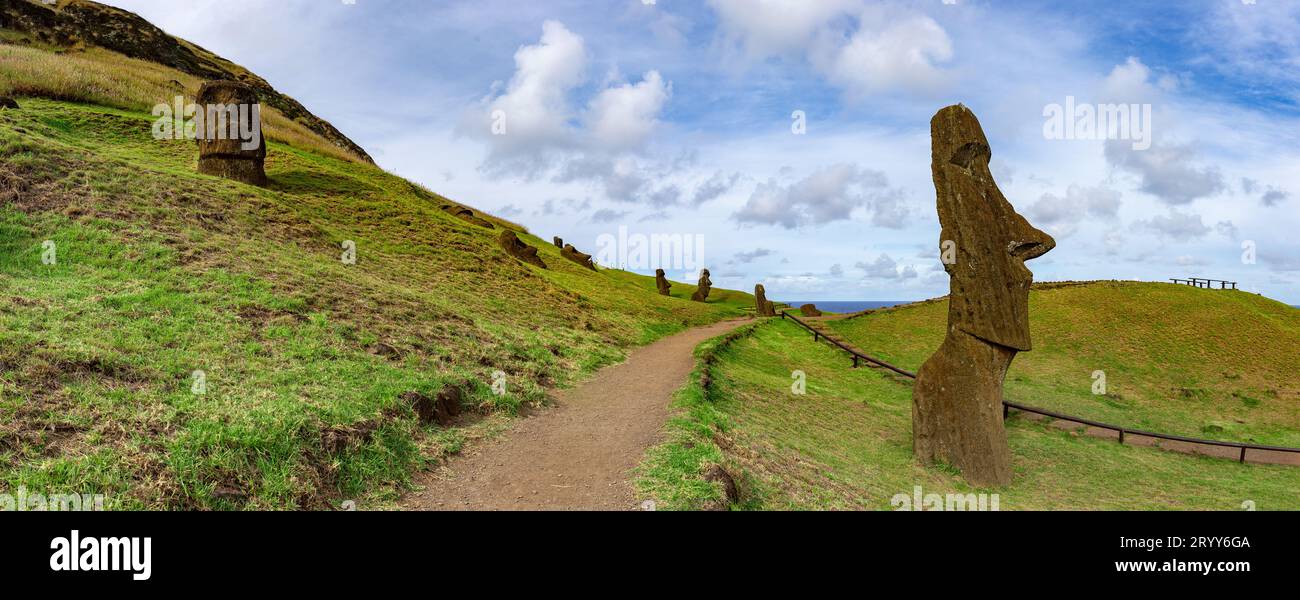 Lake Raraku Moai on Ranu Raraku Volcan. Ester Island Landscape Stock Photo - Alamy