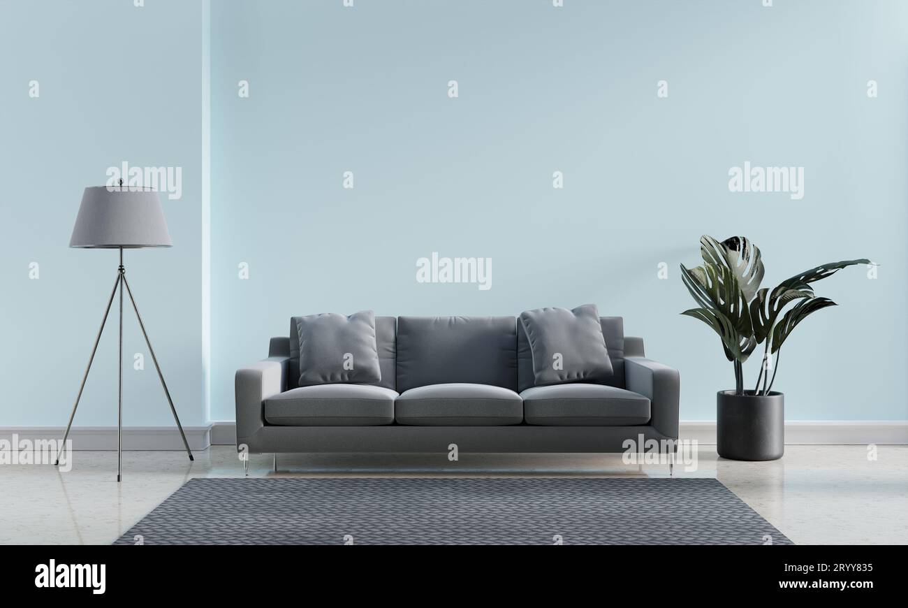 Luxury modern interior of blue pastel and gray tone living room home decor concept background. Three legs electric lamp and mons Stock Photo