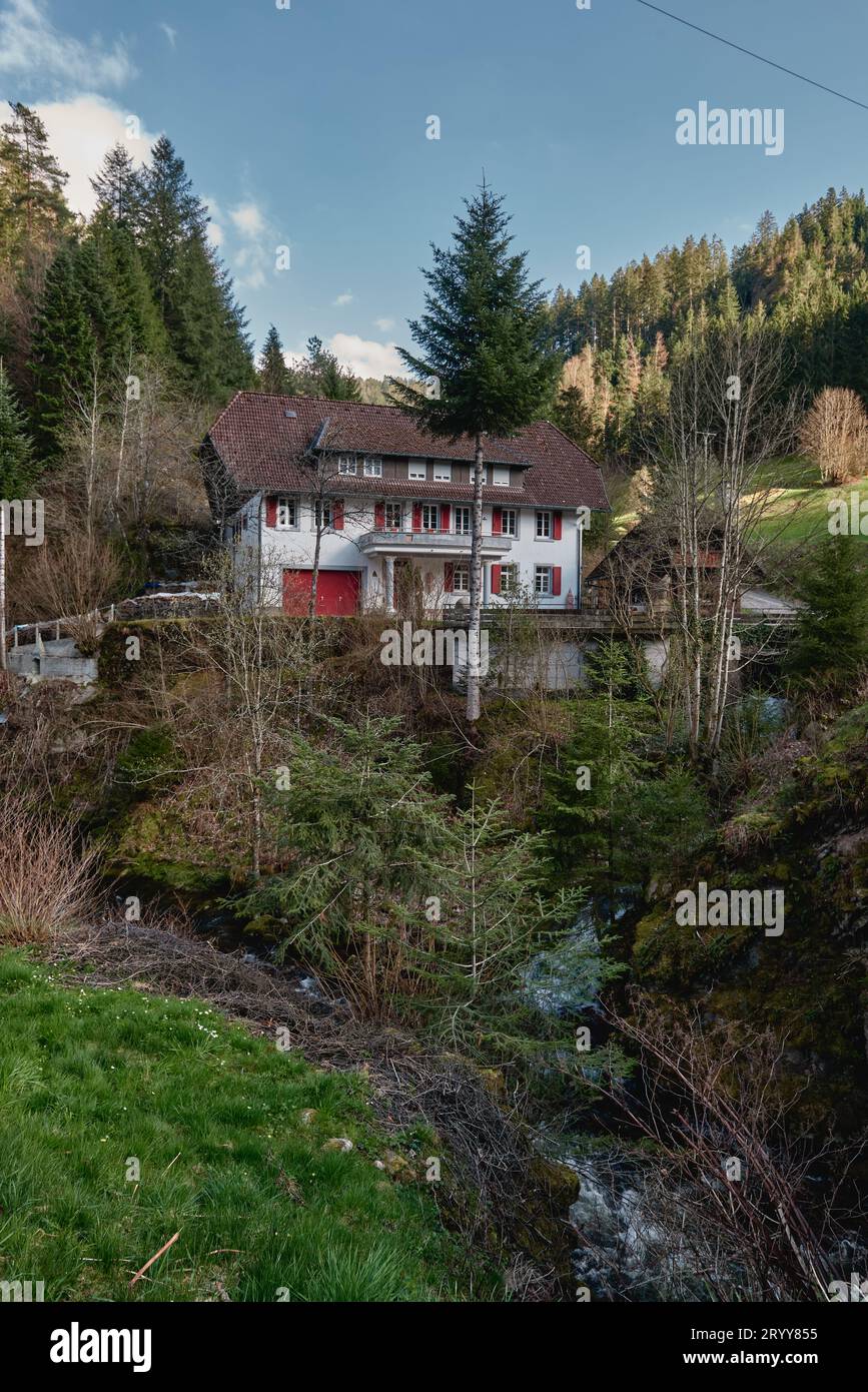 Mountain cottage in the Alps. Panoramic view of beautiful mountain landscape in the Bad Rippoldsau-Schapbach in the Black Forest Stock Photo