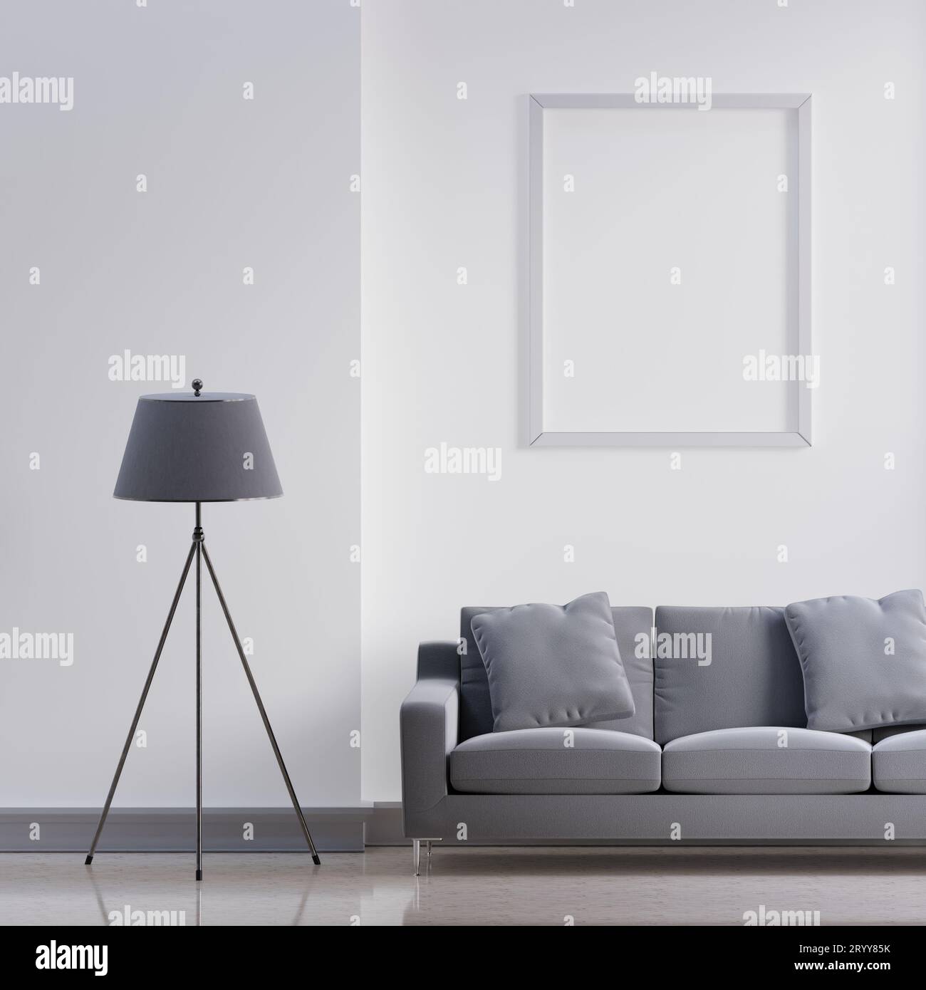 Luxury modern interior of white and gray tone living room home decor concept background. Three legs electric lamp and empty pict Stock Photo