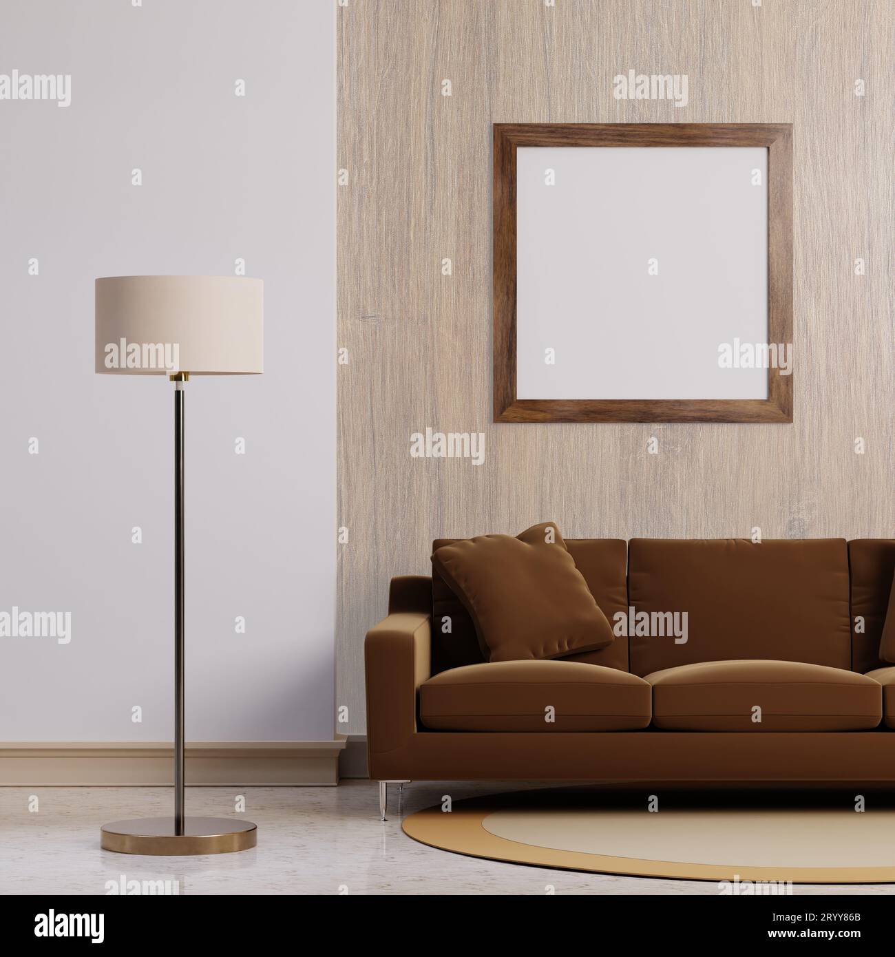 Luxury modern interior of dark brown tone living room home decor concept background. Standing electric lamp and empty wooden pic Stock Photo