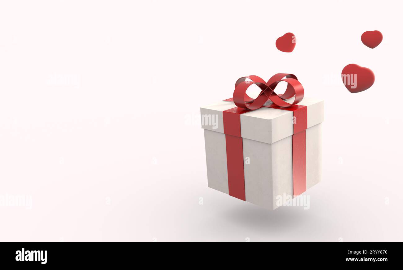 White gift box with red ribbon and many rainy heart falling from sky on ...