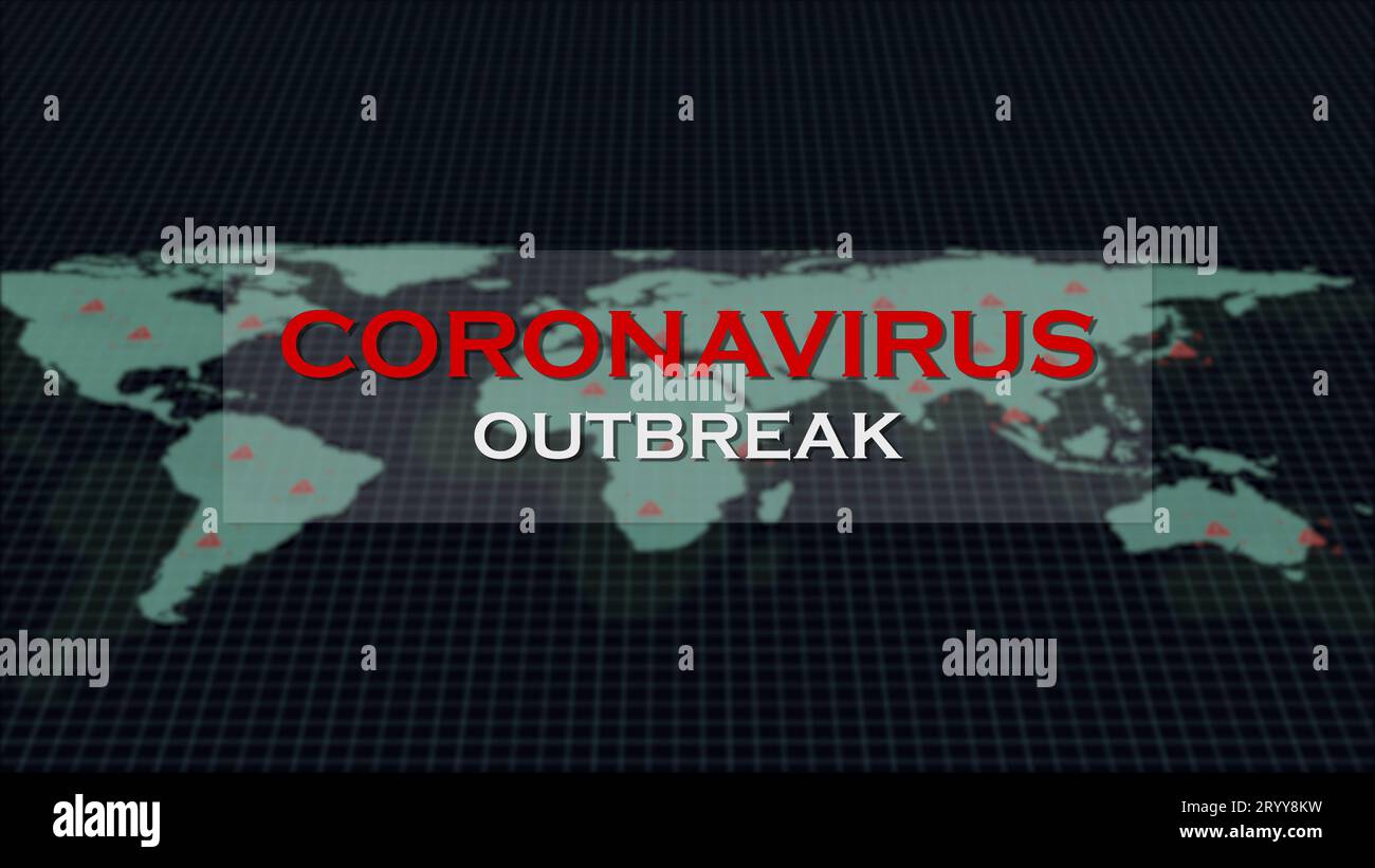 Coronavirus outbreak warning text message on global world map background on digital grid screen computer display. Medical techno Stock Photo