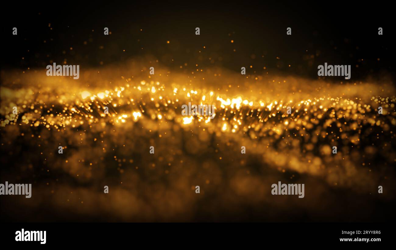 Abstract golden yellow glowing particle burning with fire effect in outer space background. 3D illustration render Stock Photo