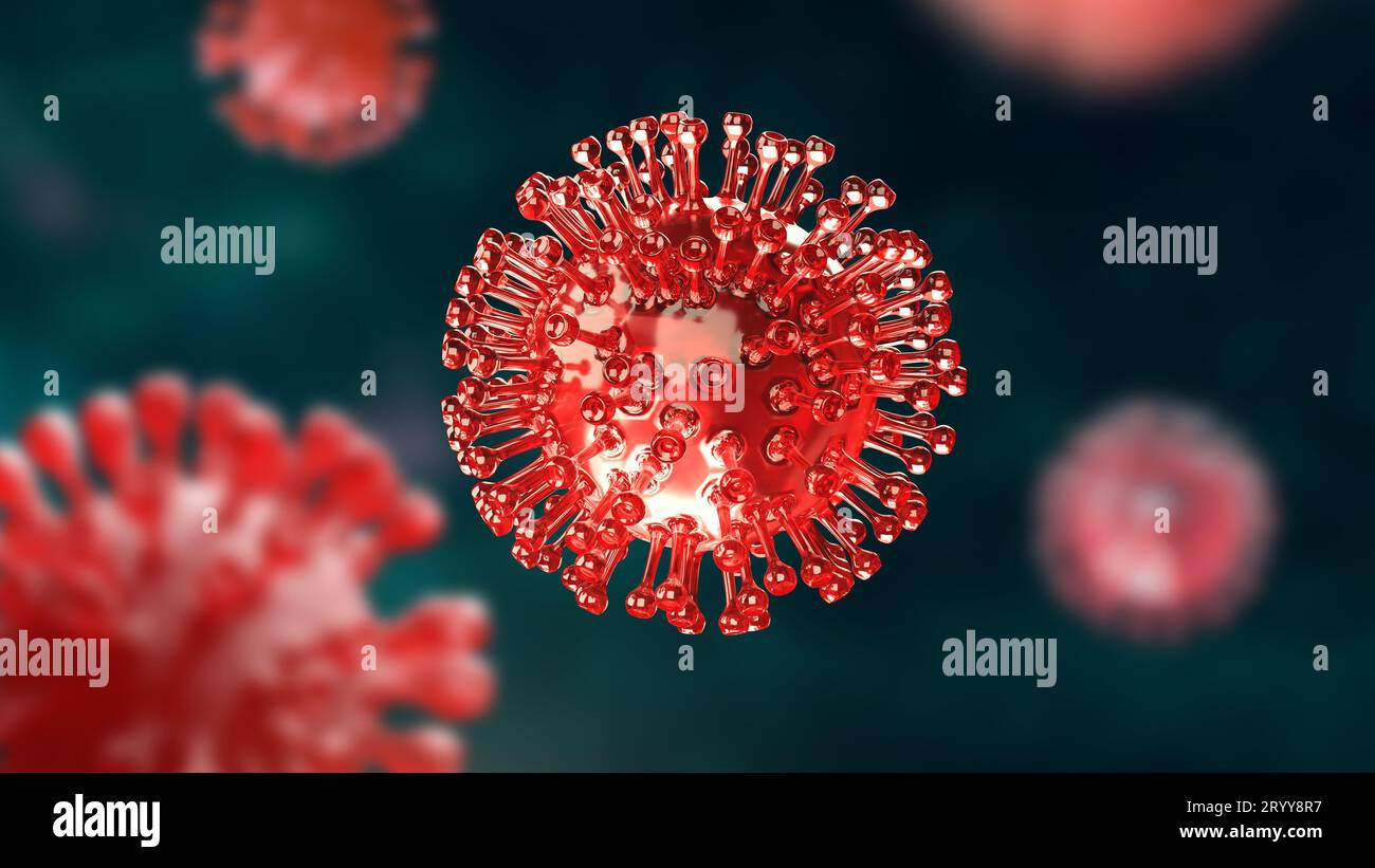 Super closeup Coronavirus COVID-19 in human lung body green background. Science microbiology concept. Red Corona virus outbreak Stock Photo