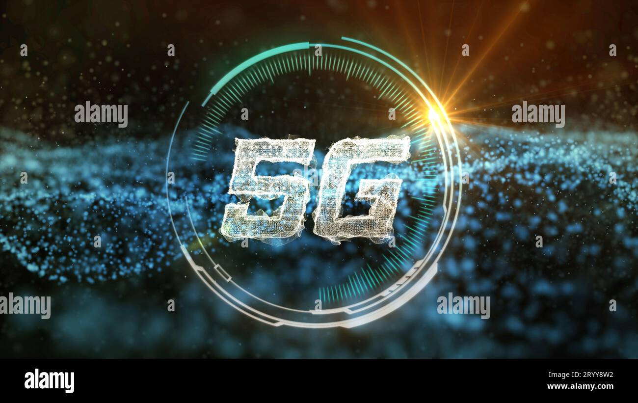 5G communication HUD with abstract blue network data transferring motion background. Technology and Futuristic concept. High spe Stock Photo