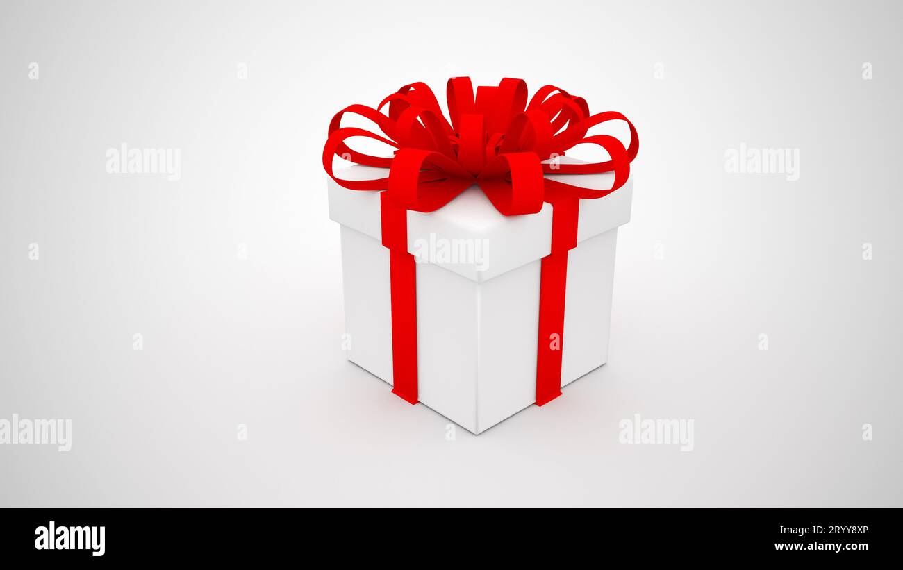 White gift box with red ribbon on white background. Merry Christmas and ...