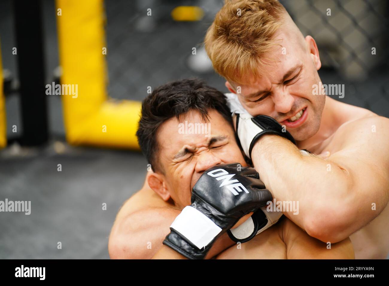 Mixed Martial Art, When the opponent is knocked down then use your hands to strangle your opponent's neck. making it difficult f Stock Photo