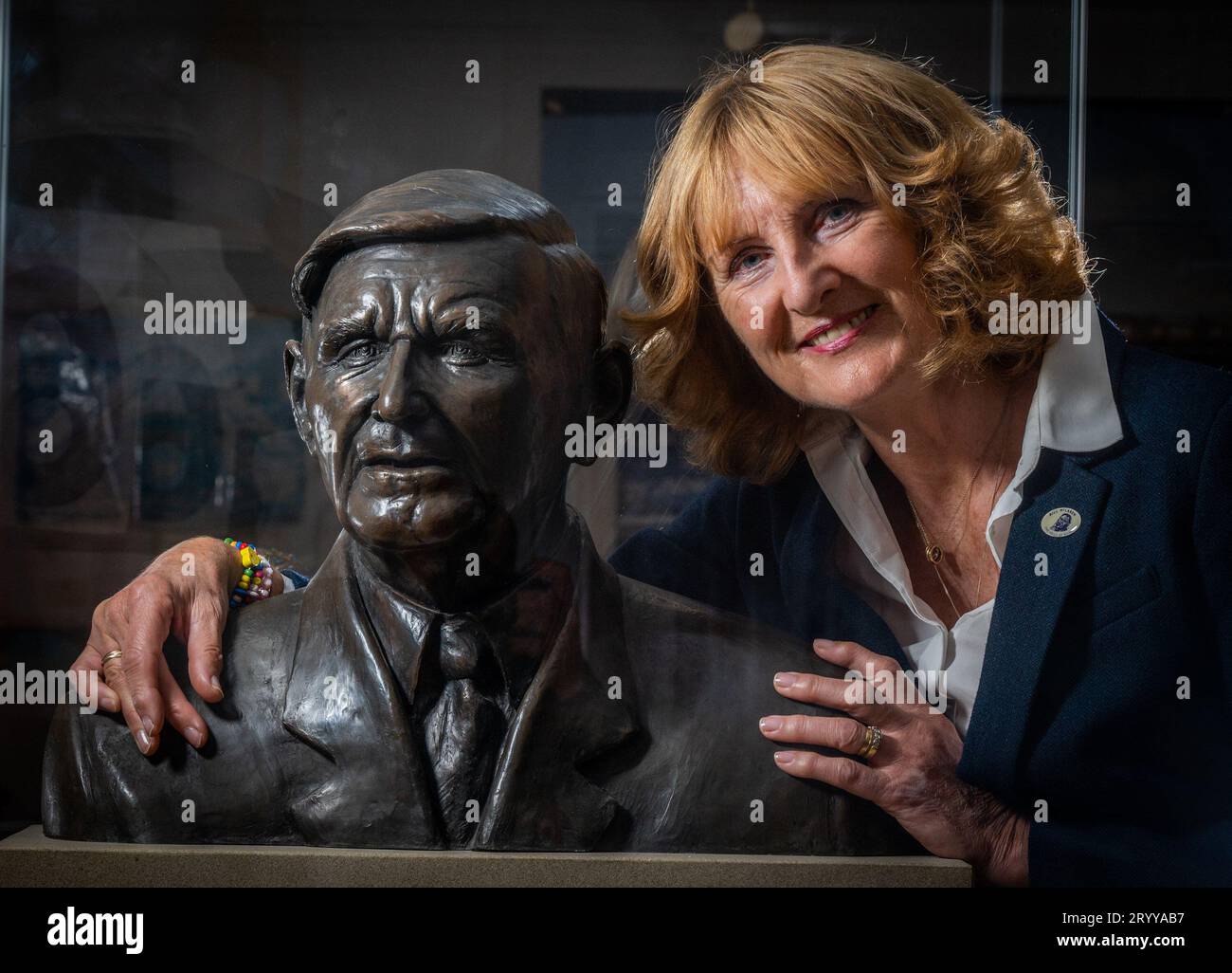 Hawick, UK. 02nd Oct, 2023. Daughter of Bill McLaren, The Voice of Rugby, Linda Lawson pictured today at the launch of the new Bill McLaren Centenary Exhibition at Hawick Museum in the Scottish Borders, Bill's home town. The exhibition tells the story of his life and career with artefacts, film and an interactive commentary booth. The exhibition runs until 27th November. Picture Credit: phil wilkinson/Alamy Live News Stock Photo