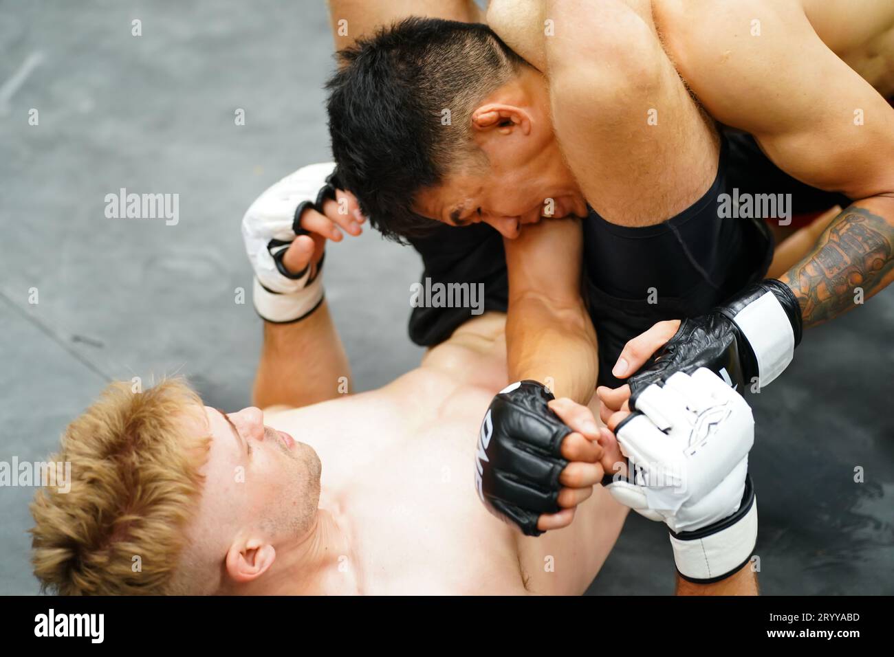 Mixed Martial Art, When it's the fallen party then find a way to use the leg to tie the opponent's neck. will make the opponent Stock Photo