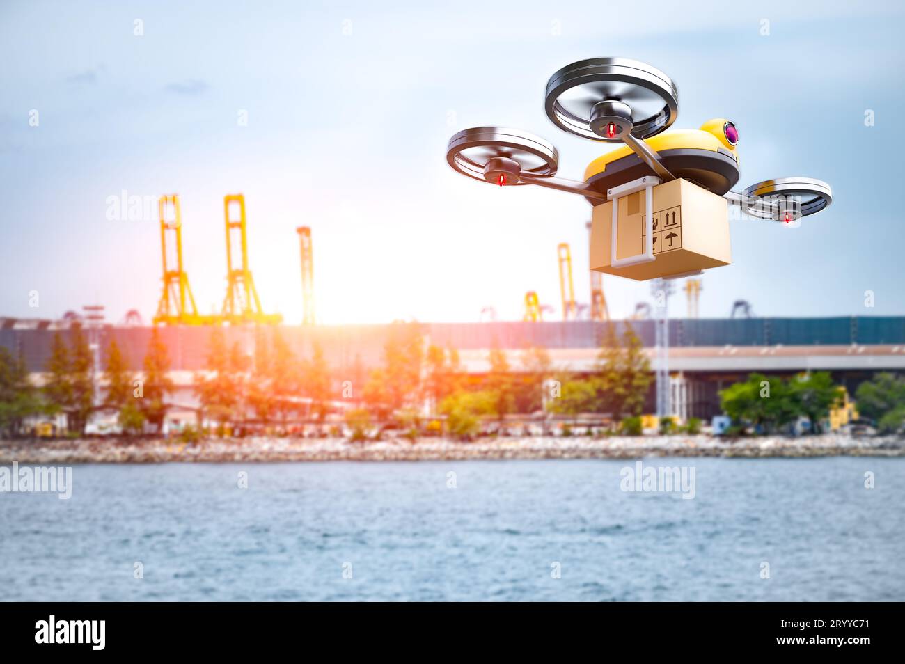 Delivery drone delivering petrochemical product from oil refinery for shipping fine and crude oil to drilling platforms or custo Stock Photo