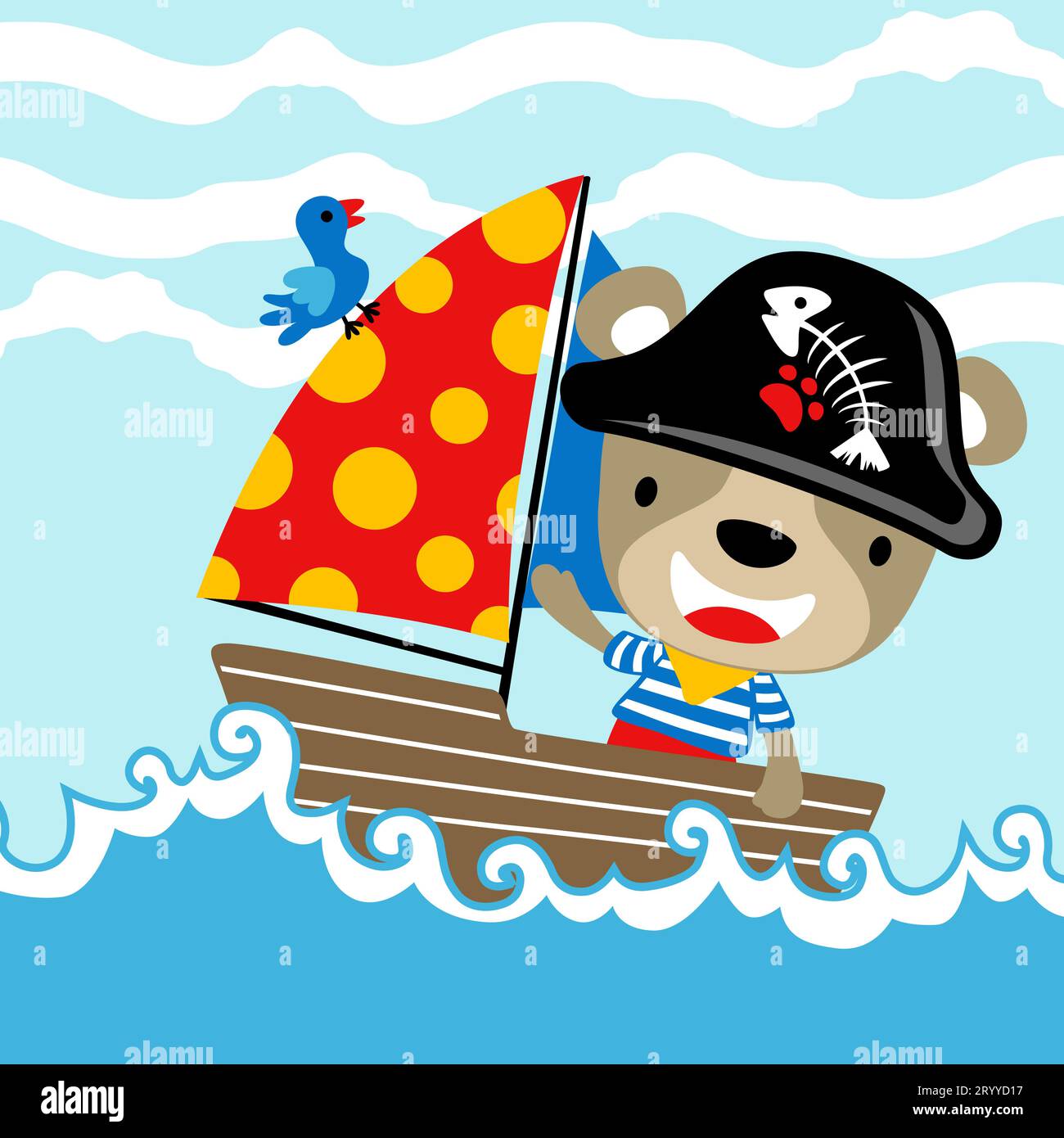 Cute bear in pirate costume on sailboat with a bird, vector cartoon ...