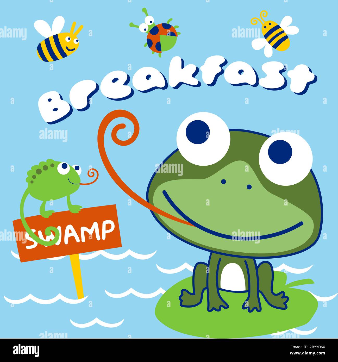 Vector cartoon of frog and chameleon in the swamp with insects Stock Vector