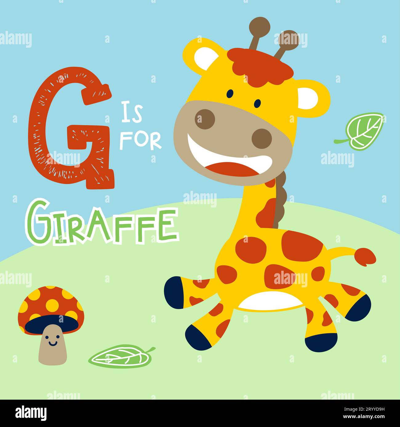 Cute giraffe with it name, smiling mushroom,  vector cartoon illustration Stock Vector