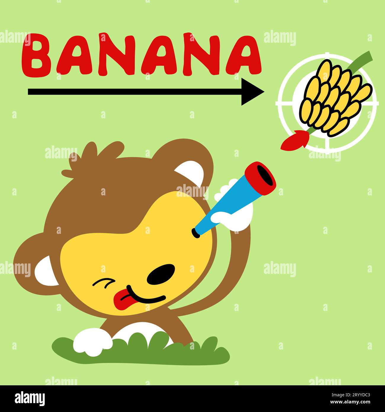 Vector cartoon of cute monkey holding binocular looking at banana Stock