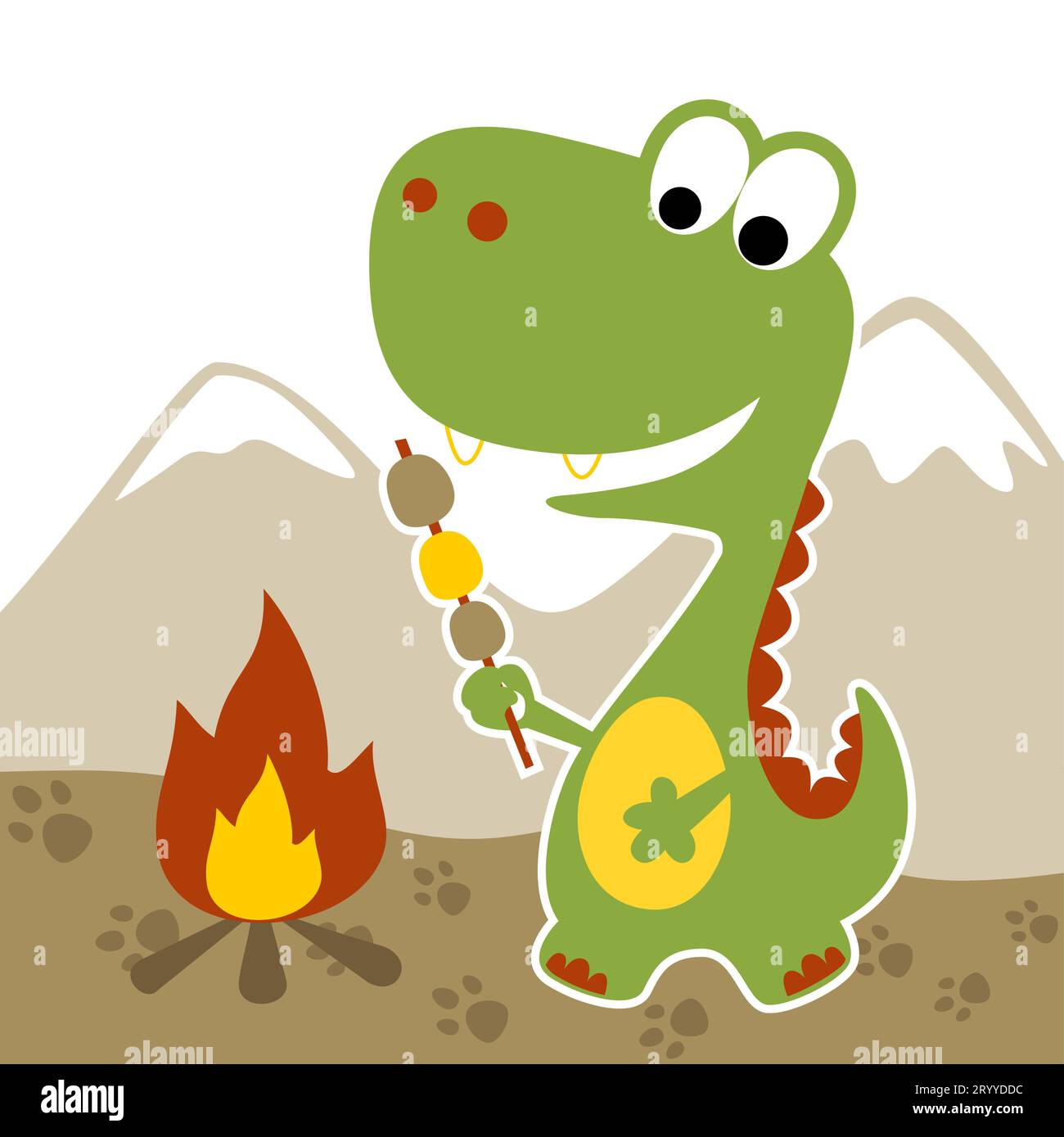 Dinosaur roasting meat on mountains background, vector cartoon illustration Stock Vector