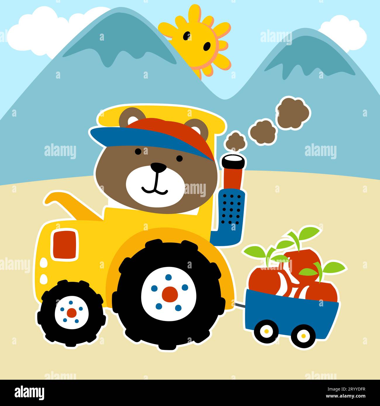 little bear driving tractor pulling fruits on cart, vector cartoon