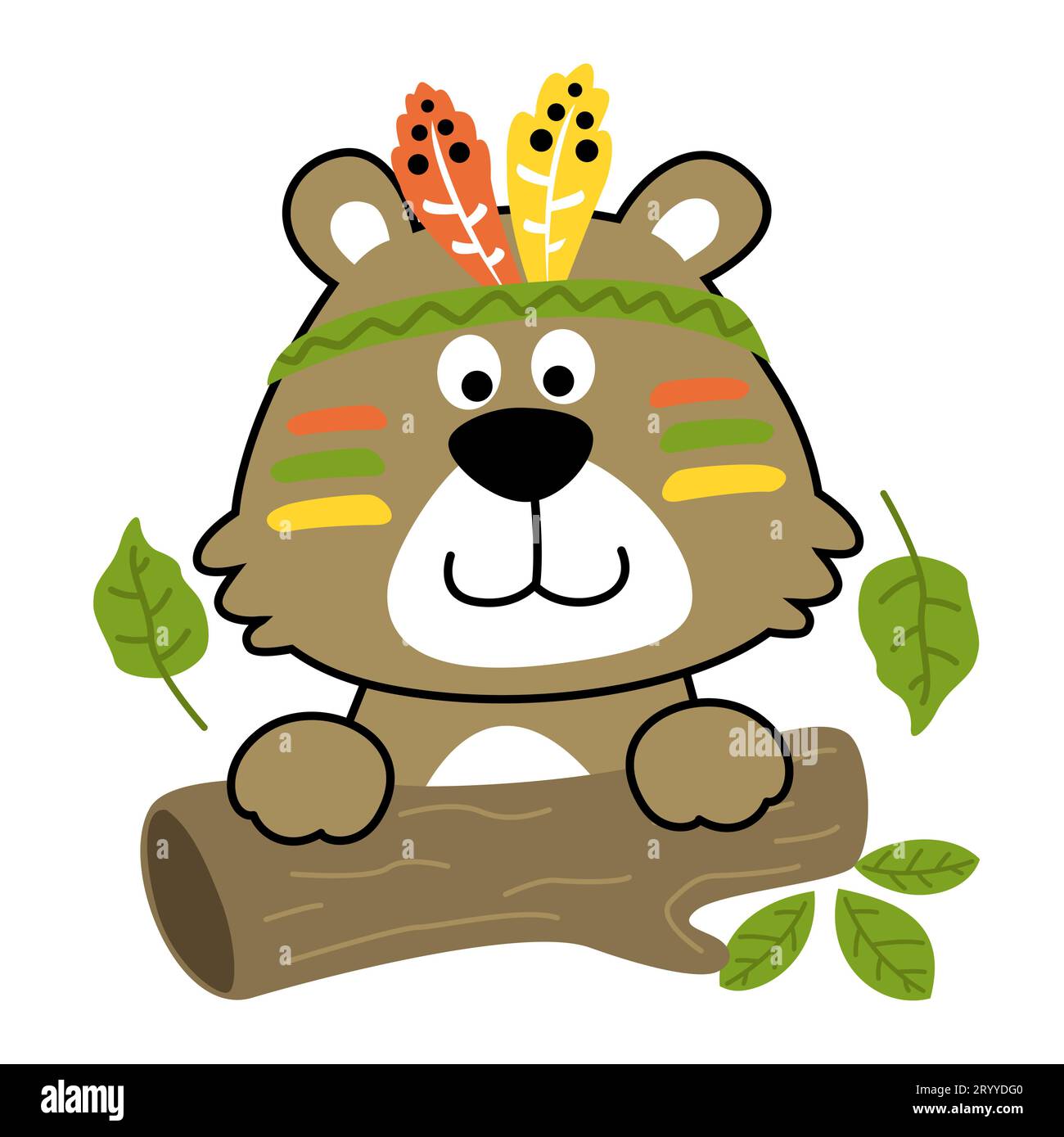 Vector cartoon of funny bear with feather headdress in tree trunk Stock