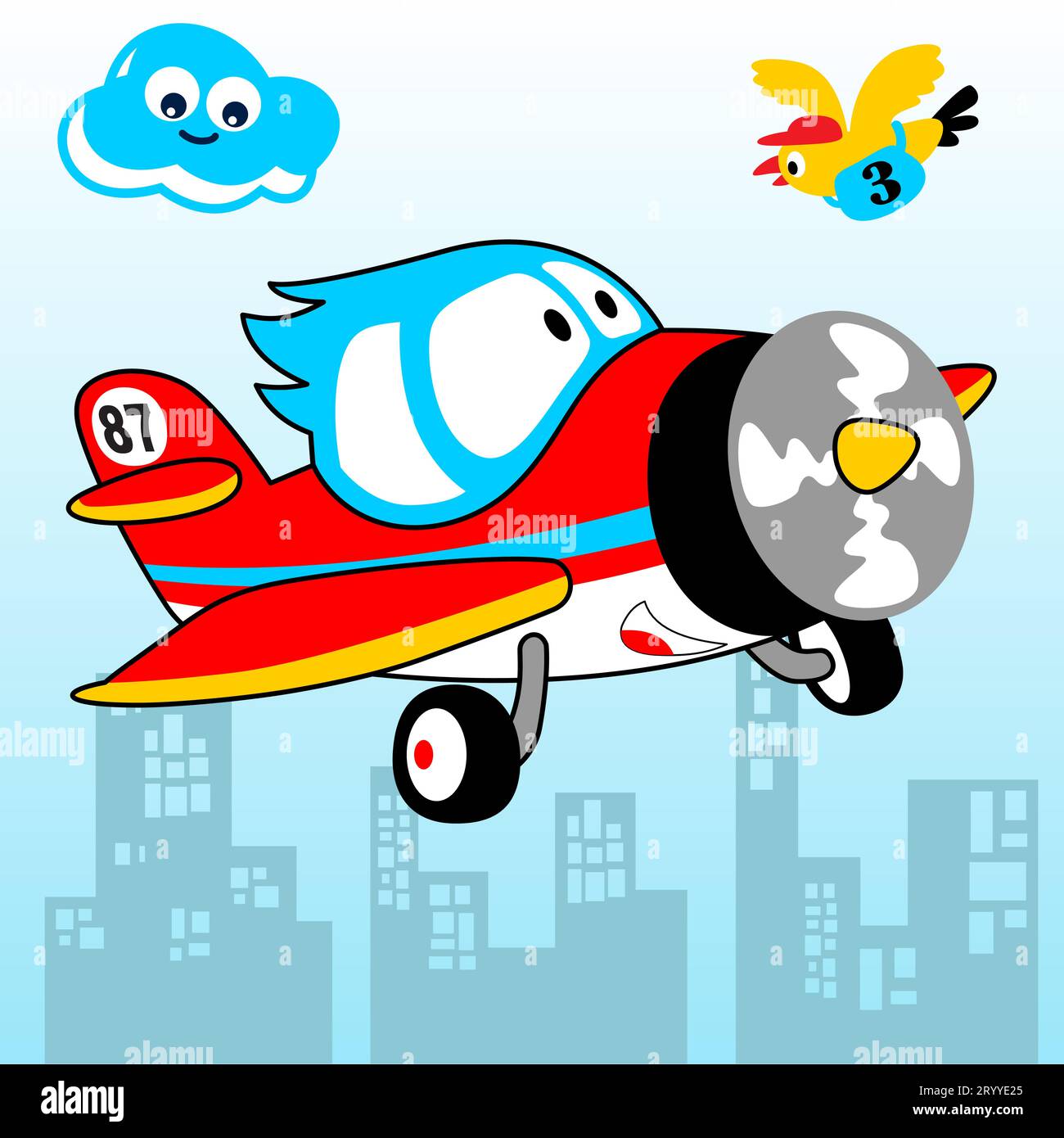 Funny airplane with mail carrier dove flying across buildings, vector cartoon illustration Stock Vector