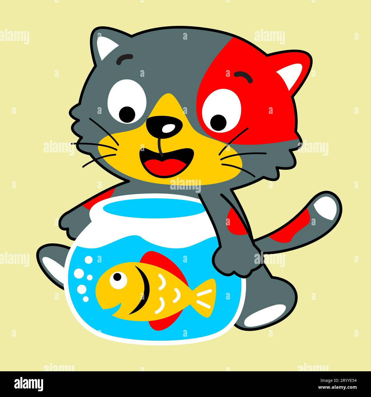 Little kitten hugging jar with a cute fish, vector cartoon illustration