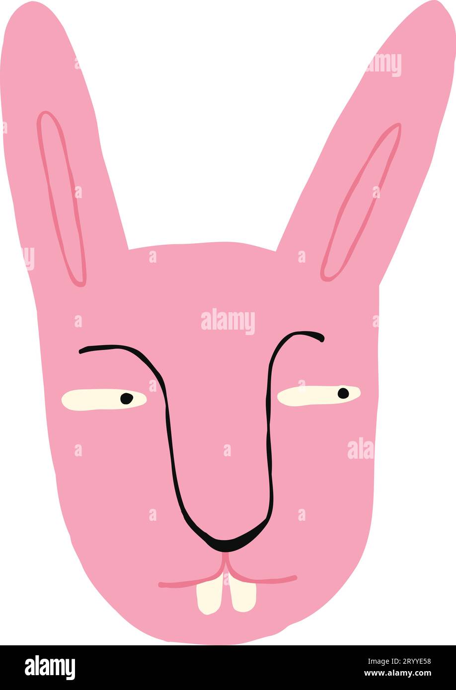 Pink comic bizarre bunny with stupid face. Cartoon character doodle style illustration Stock Vector