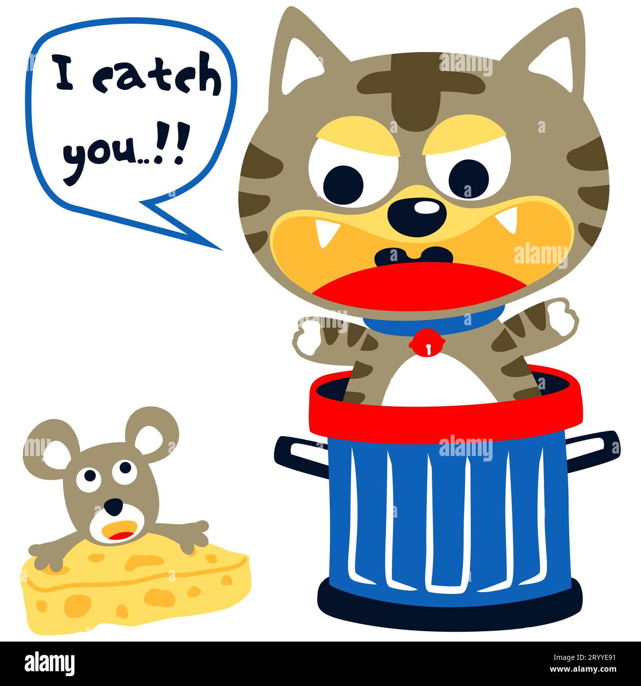 Little cat in trash can with mouse carrying cheese, vector cartoon