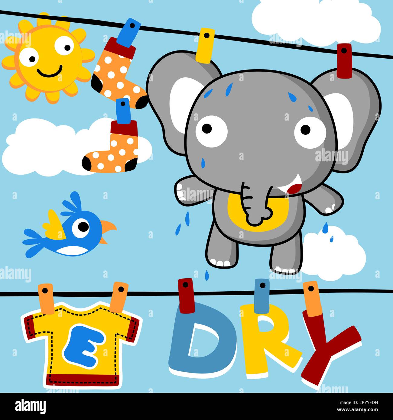 Drying clothes, cute elephant in clothesline with little bird, vector cartoon illustration Stock Vector